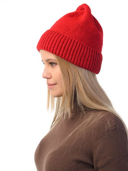 Жіноча в'язана шапка з відворотом. Колір: Червоний 733 фото
