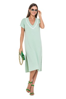 Свободное трикотажное платье с цветным V-образным вырезом. Цвет: Фисташка 543 фото