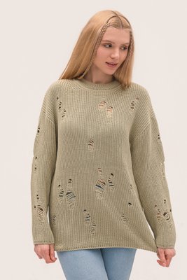 Жіночий еко-светр з дірками. Колір: Олива 6516 фото