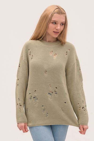 Жіночий еко-светр з дірками. Колір: Олива 6516 фото