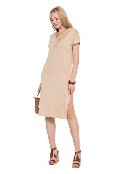 Вільна трикотажна eco-сукня з V-подібним вирізом. Колір: Бежевий 6533 фото