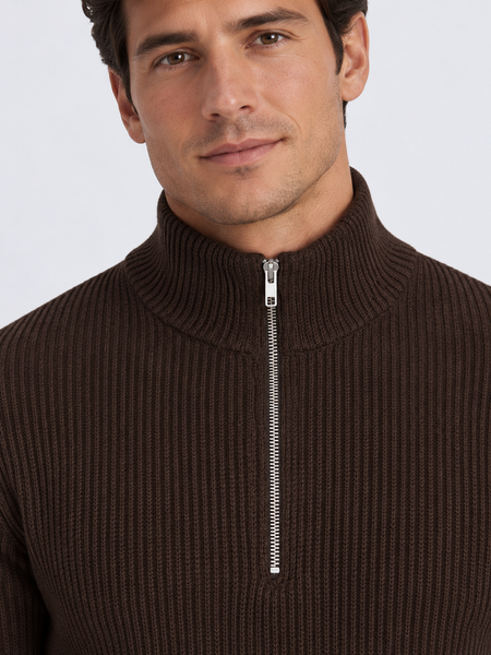 Чоловічий джемпер &ldquo;Quarter zip&rdquo; на блискавці з коміром-стійкою. Коричневий 48 333 фото