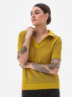 Women's knitted polo jumper. Mustard