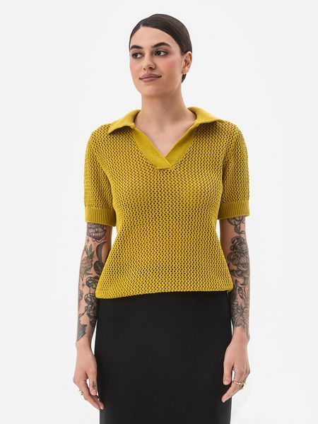 Women's knitted polo jumper. Mustard