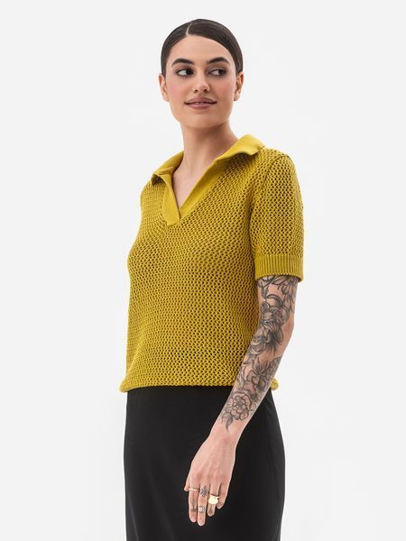 Women's knitted polo jumper. Mustard