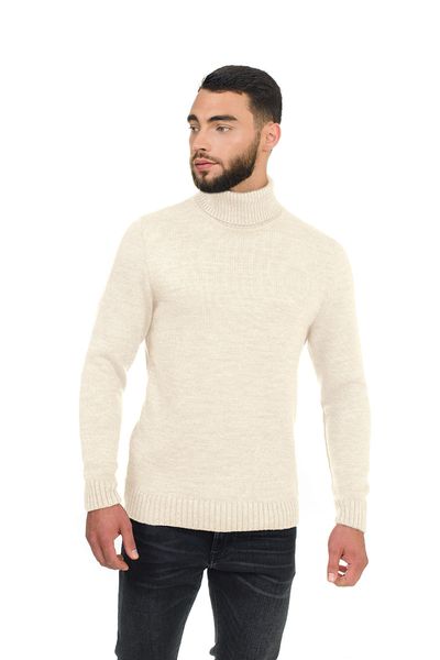 Warm men's turtle neck sweater with slanted shoulder seam. Color: Milk