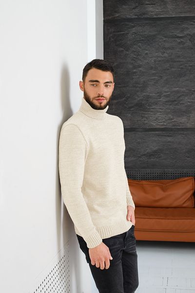 Warm men's turtle neck sweater with slanted shoulder seam. Color: Milk