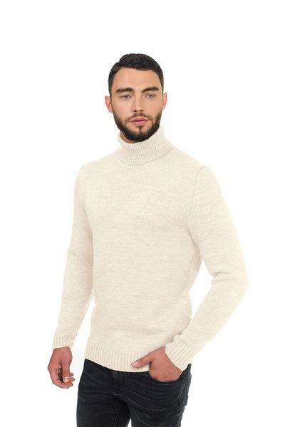 Warm men's turtle neck sweater with slanted shoulder seam. Color: Milk