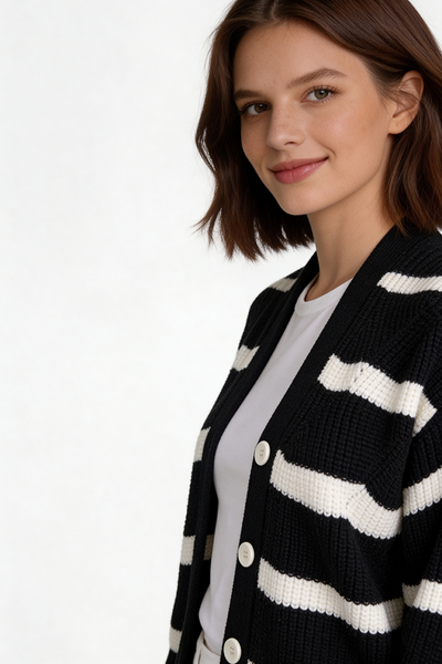 Contrast stripe cardigan. Black. 42-46