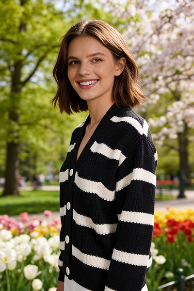 Contrast stripe cardigan. Black. 42-46