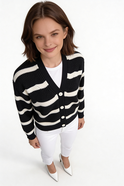 Contrast stripe cardigan. Black. 42-46