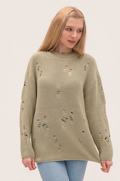 Women's eco-sweater with holes. Color: Olive