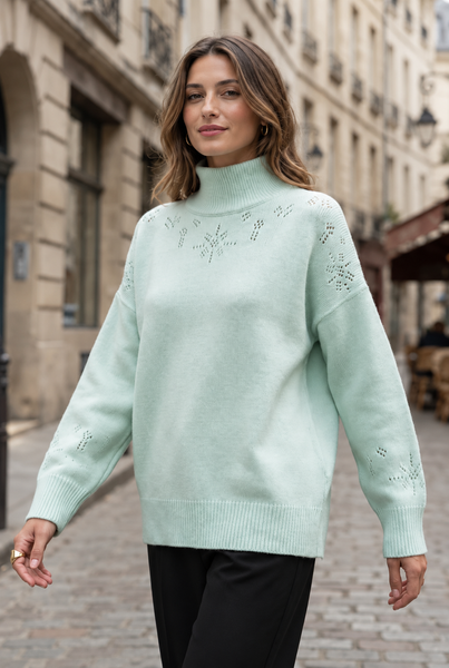 Loose-Fit Openwork Knit Sweater. Mint