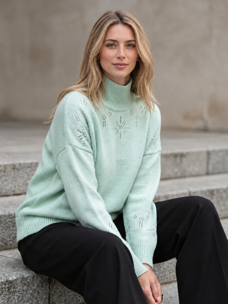 Loose-Fit Openwork Knit Sweater. Mint
