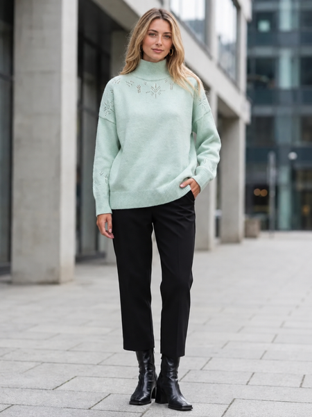 Loose-Fit Openwork Knit Sweater. Mint