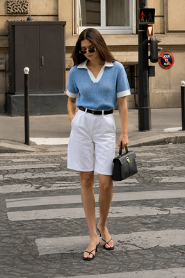 Women's knitted two-tone polo jumper. Light Blue
