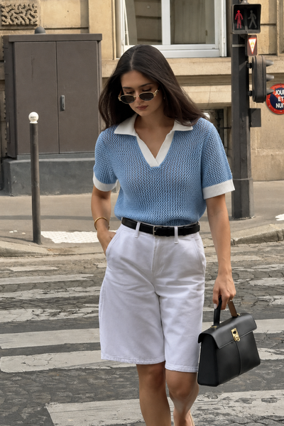 Women's knitted two-tone polo jumper. Light Blue