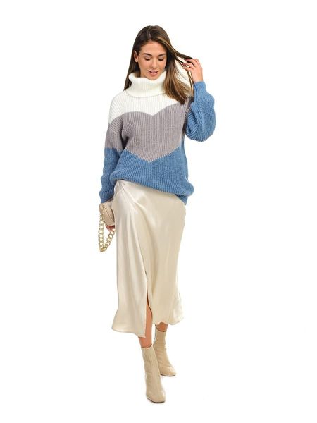 Трьохкольоровий об'ємний светр “oversize”. Колір: Джинс 443 фото