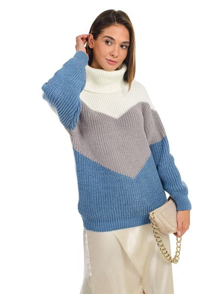 Трьохкольоровий об'ємний светр “oversize”. Колір: Джинс 443 фото