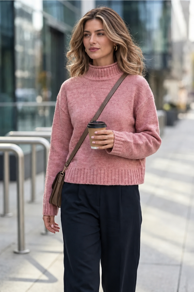 Loose sweater with mock turtleneck collar. Pink 42-44